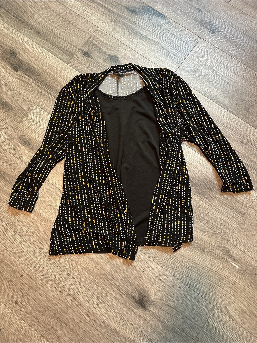 Cocomo Black Open-Front Cardigan with Gold & White Dot Stripes